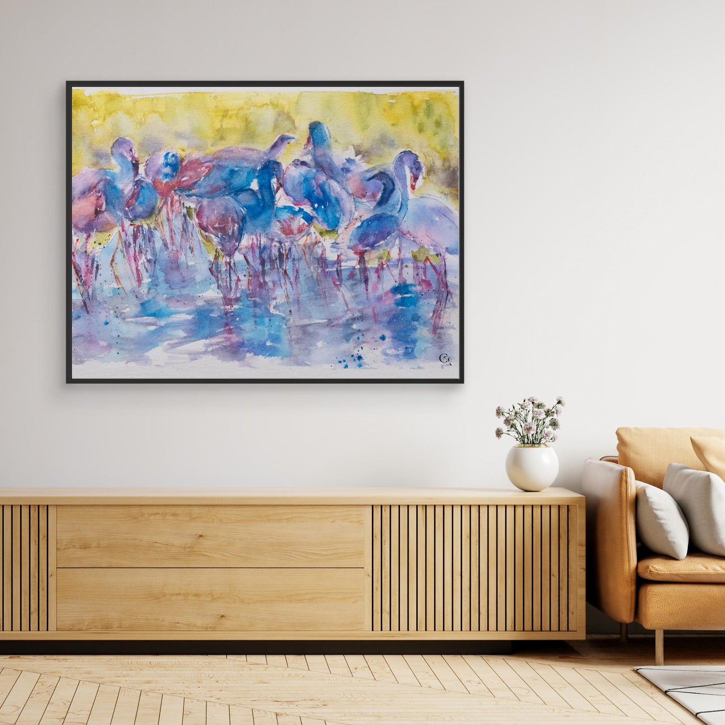 canine_quirks_watercolor_art_curious balance_flamingo_black canvas