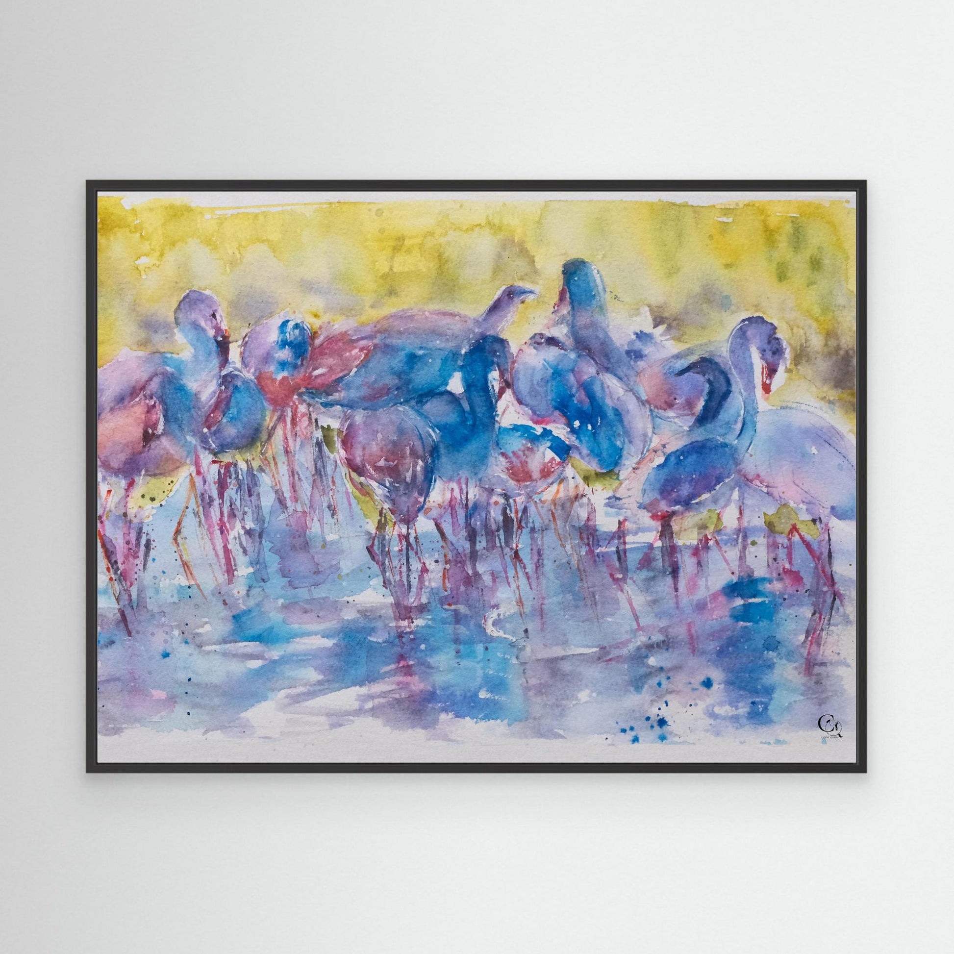 canine_quirks_watercolor_art_curious balance_flamingo_black