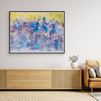 canine_quirks_watercolor_art_curious balance_flamingo_black canvas
