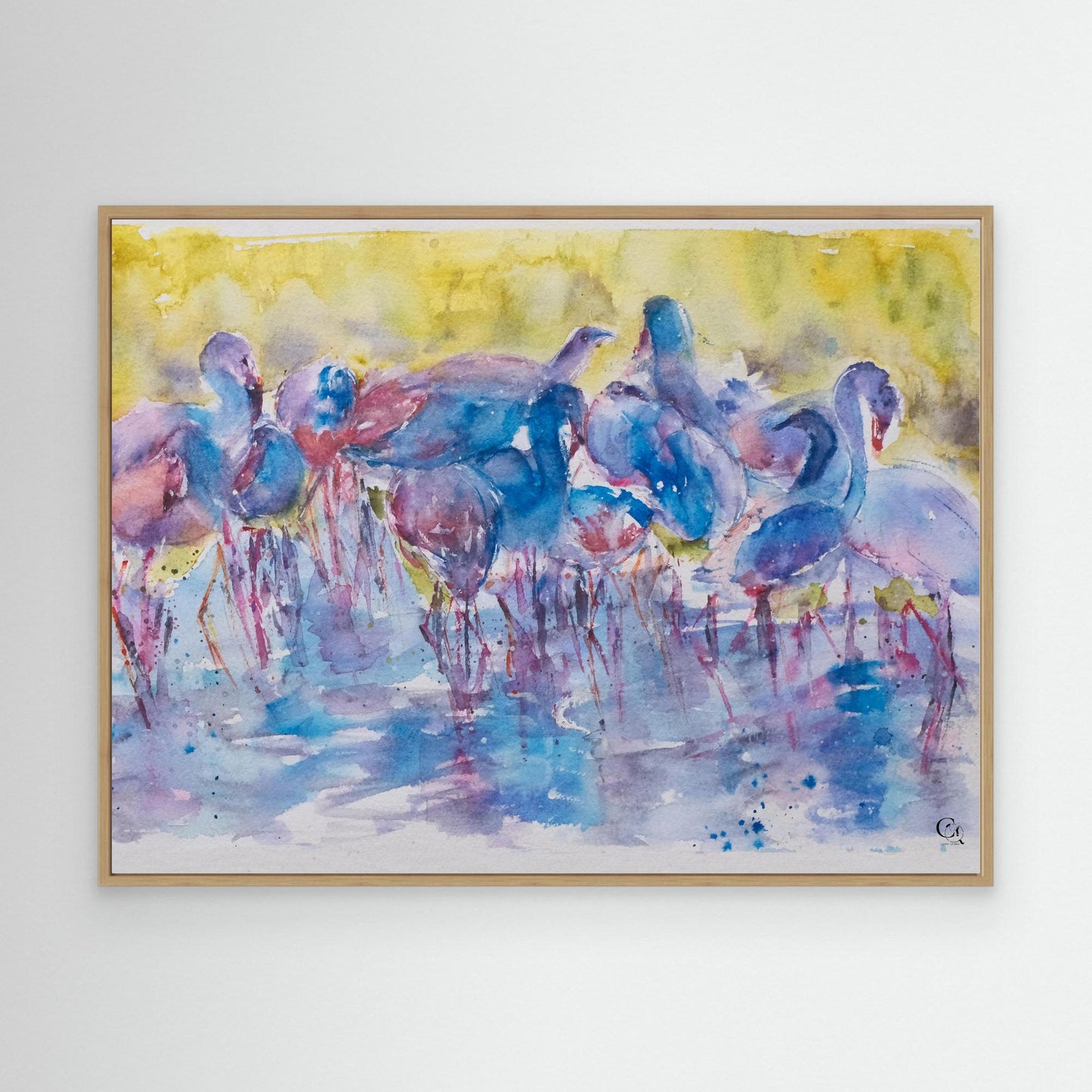 canine_quirks_watercolor_art_curious balance_flamingo_oak canvas