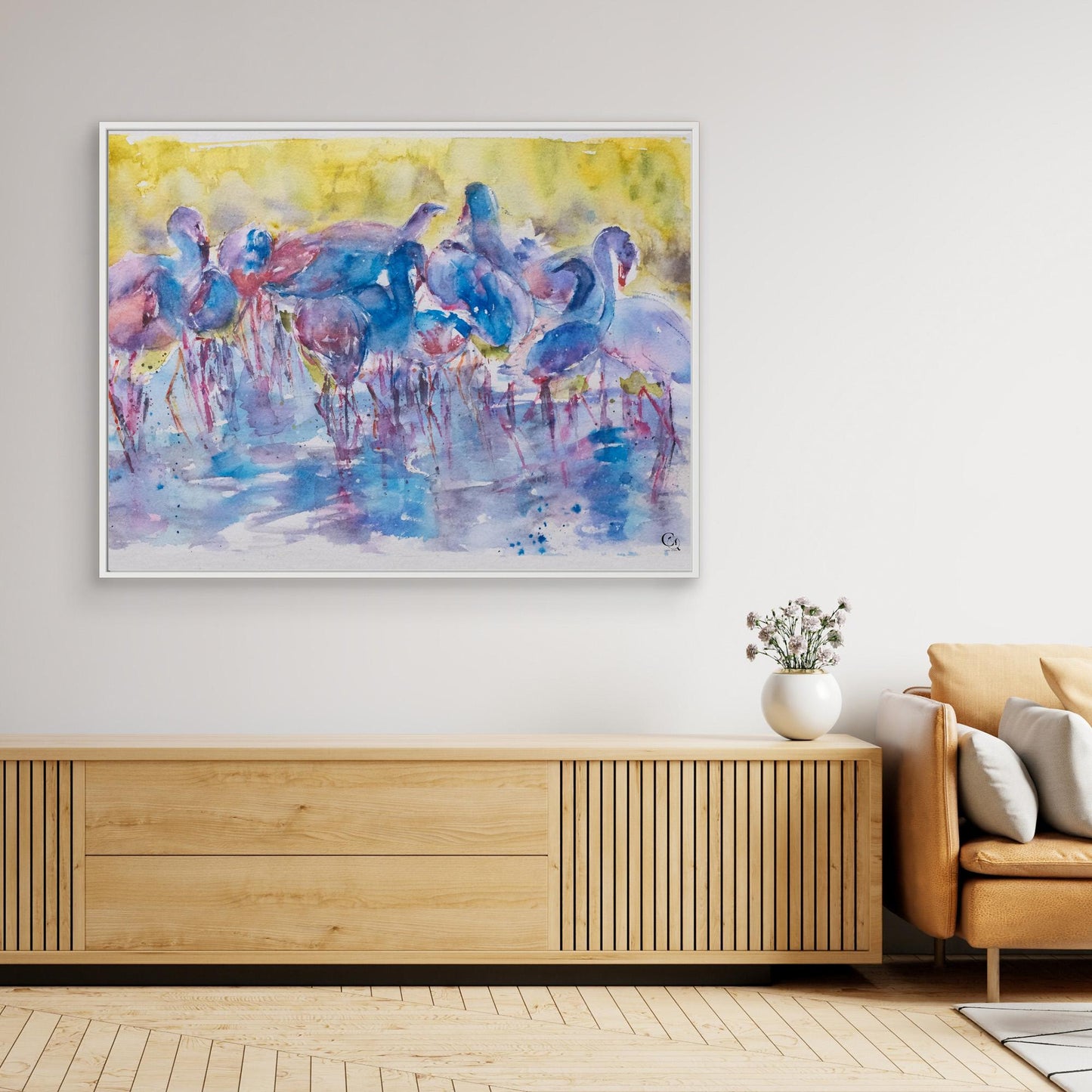 canine_quirks_watercolor_art_curious balance_flamingo_white canvas