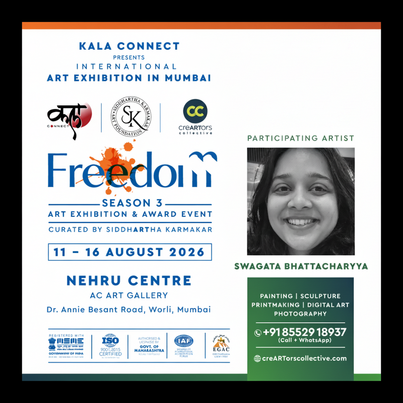 Promotional poster for the 'Freedom' Art Exhibition Season 3, presented by Kala Connect. The poster features a white background with blue text, an orange 'ENTRY OPEN' banner, and a black-and-white portrait of Swagata Bhattacharyya on the right side.